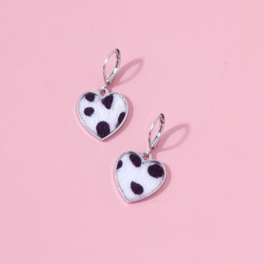 Cow Print Heart Huggie Earrings